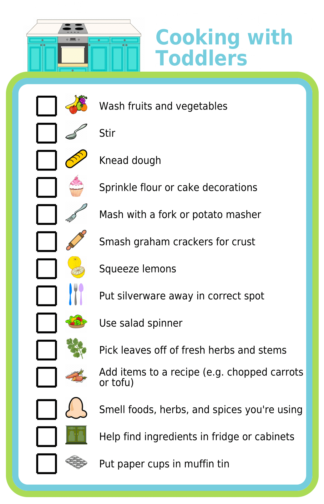 List with checkboxes and picture showing cooking tasks kids 1-3 can do