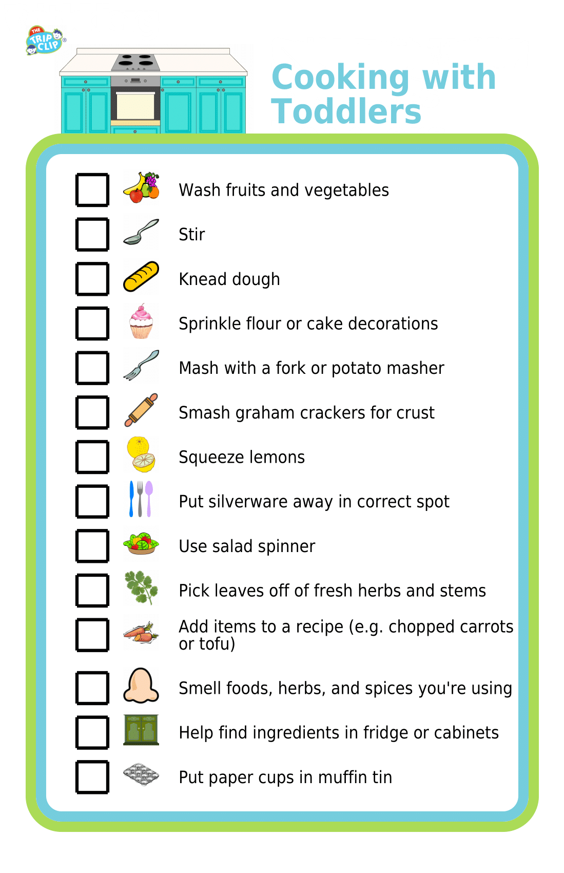 List with checkboxes and picture showing cooking tasks kids 1-3 can do