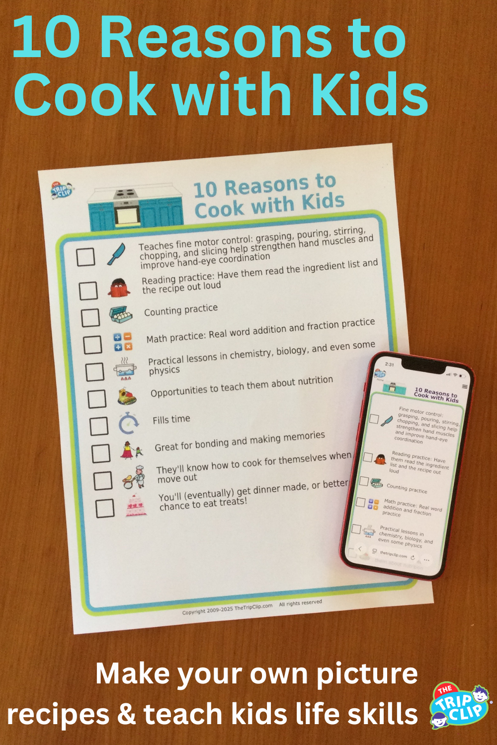 Picture checklist with 10 reasons to cook with kids, shown on clipboard and iPhone