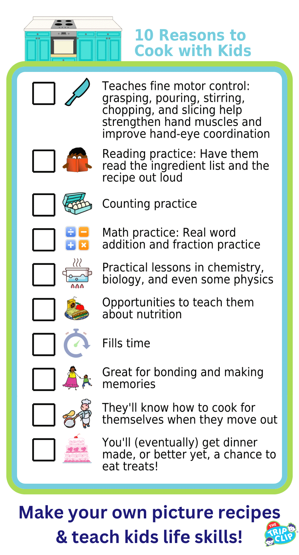 Picture checklist with 10 reasons to cook with kids
