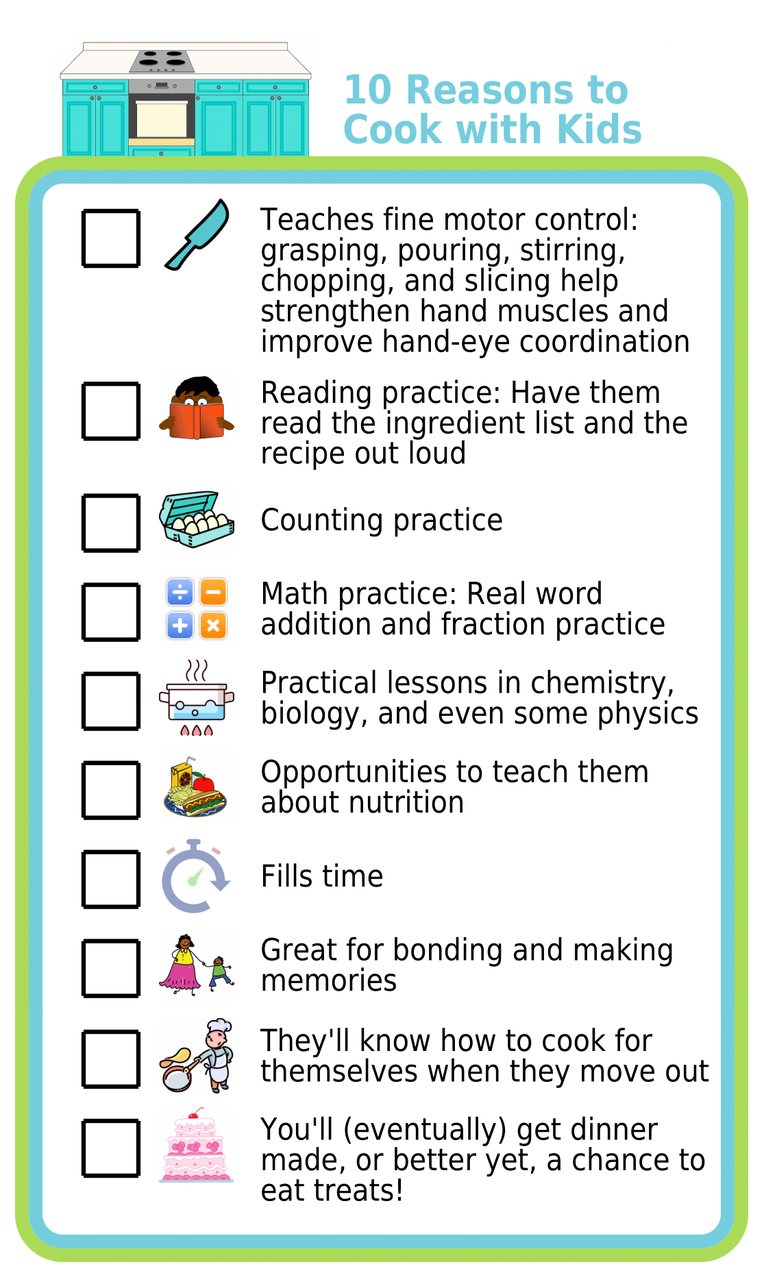 Picture checklist with 10 reasons to cook with kids