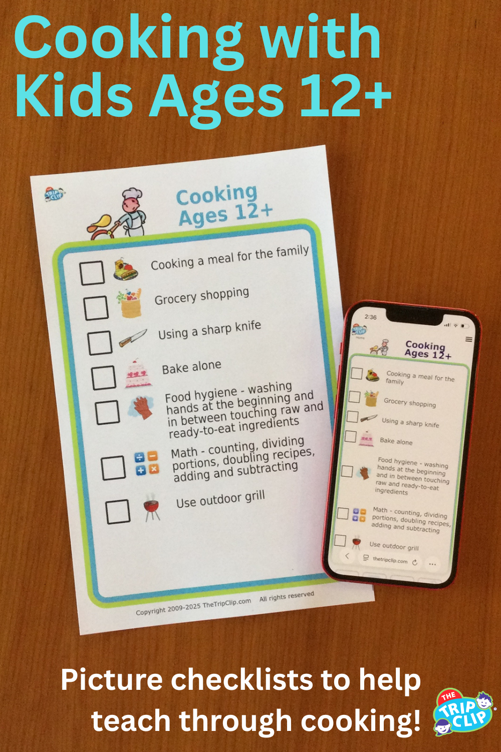 List with checkboxes and picture showing cooking tasks kids 12+ can do, shown on clipboard and iPhone