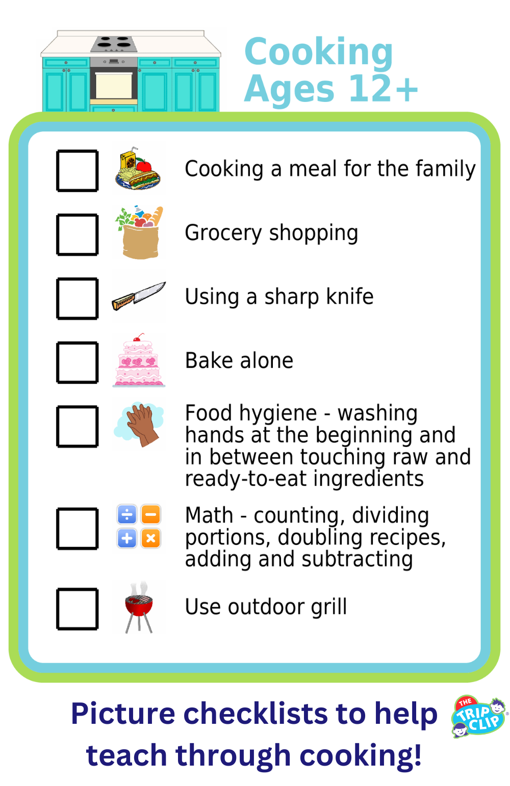 List with checkboxes and picture showing cooking tasks kids 12+ can do