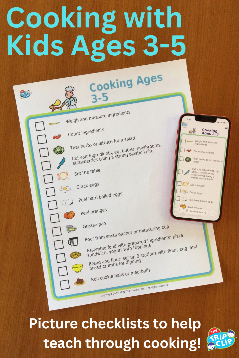 List with checkboxes and picture showing cooking tasks kids 3-5 can do, shown on clipboard and iPhone