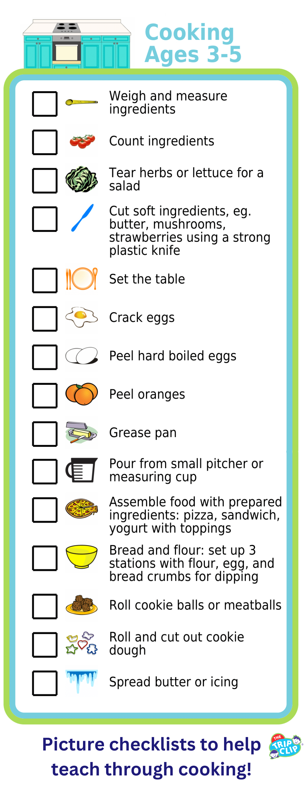 List with checkboxes and picture showing cooking tasks kids 3-5 can do