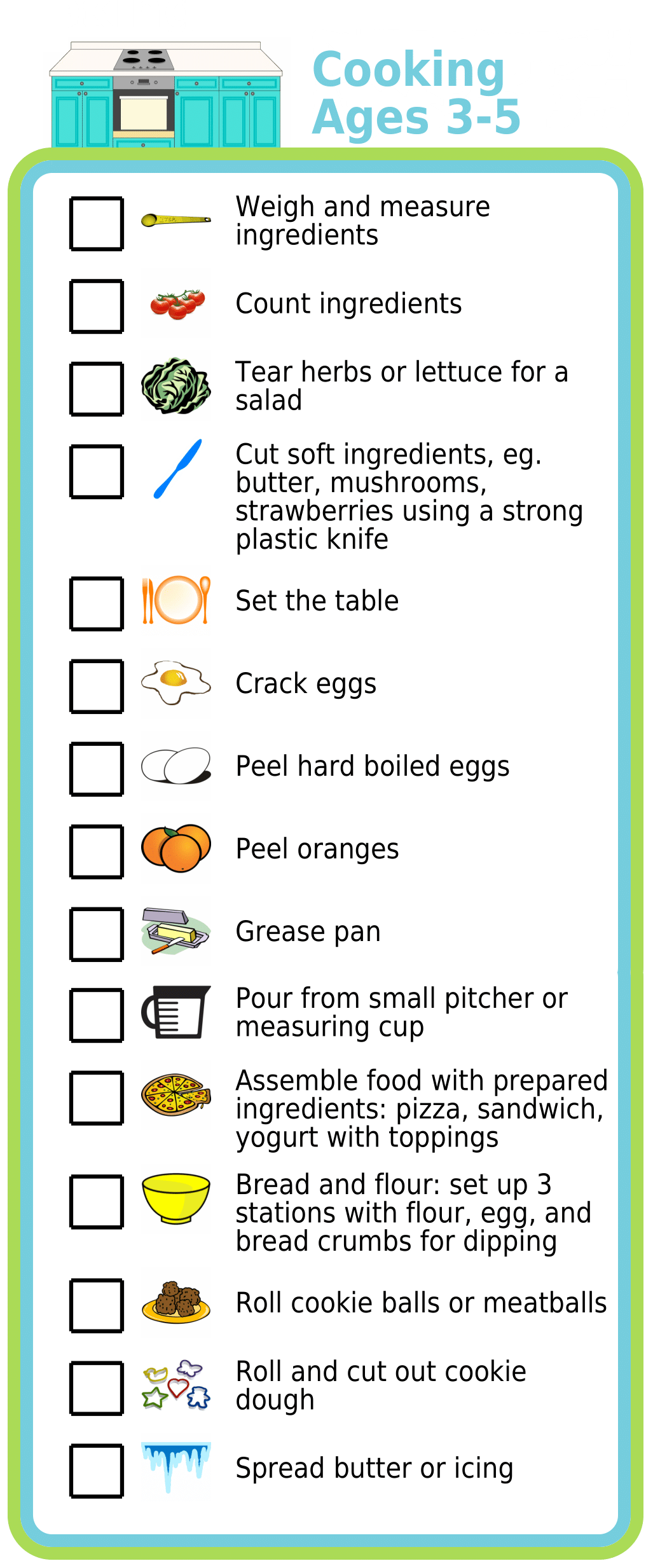 List with checkboxes and picture showing cooking tasks kids 3-5 can do