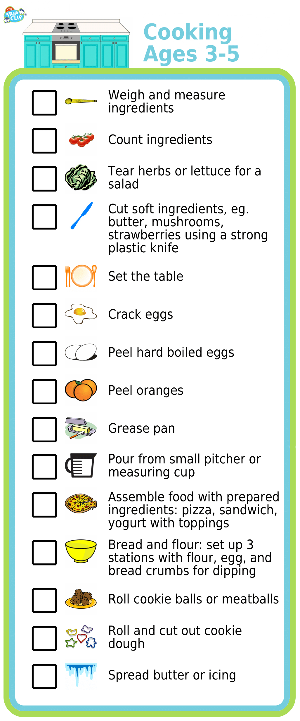 List with checkboxes and picture showing cooking tasks kids 3-5 can do