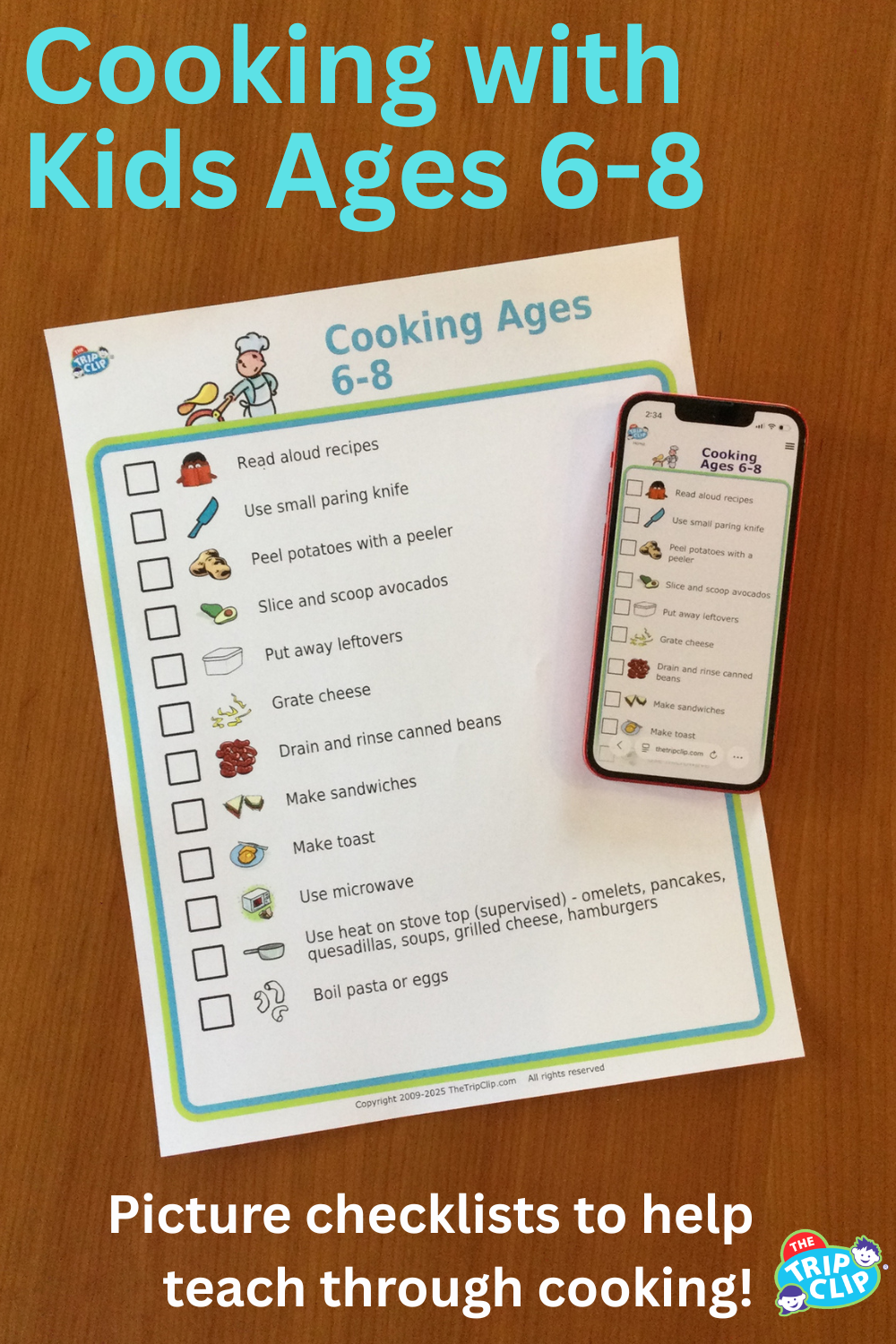 List with checkboxes and picture showing cooking tasks kids ages 6-8 can do, shown on clipboard and iPhone