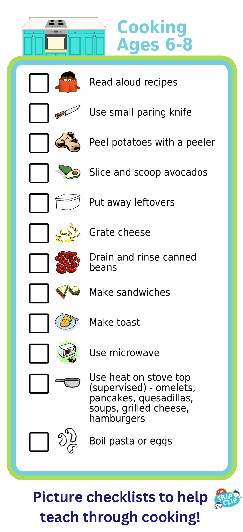 List with checkboxes and picture showing cooking tasks kids ages 6-8 can do