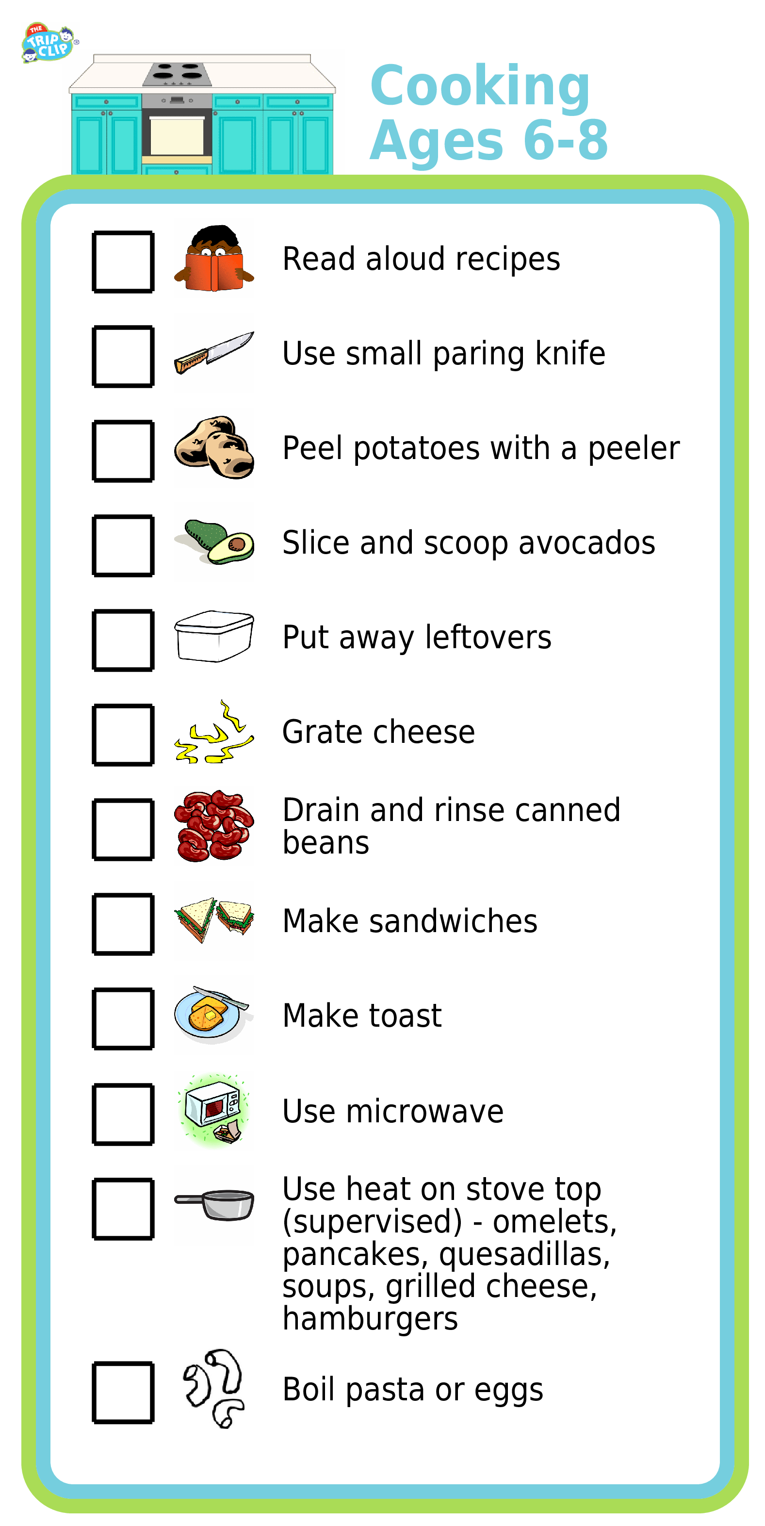 List with checkboxes and picture showing cooking tasks kids 6-8 can do