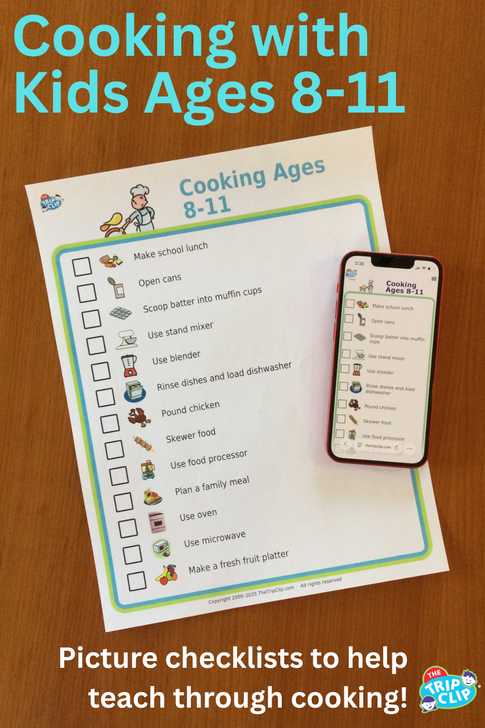 List with checkboxes and picture showing cooking tasks kids 8-11 can do, shown on clipboard and iPhone