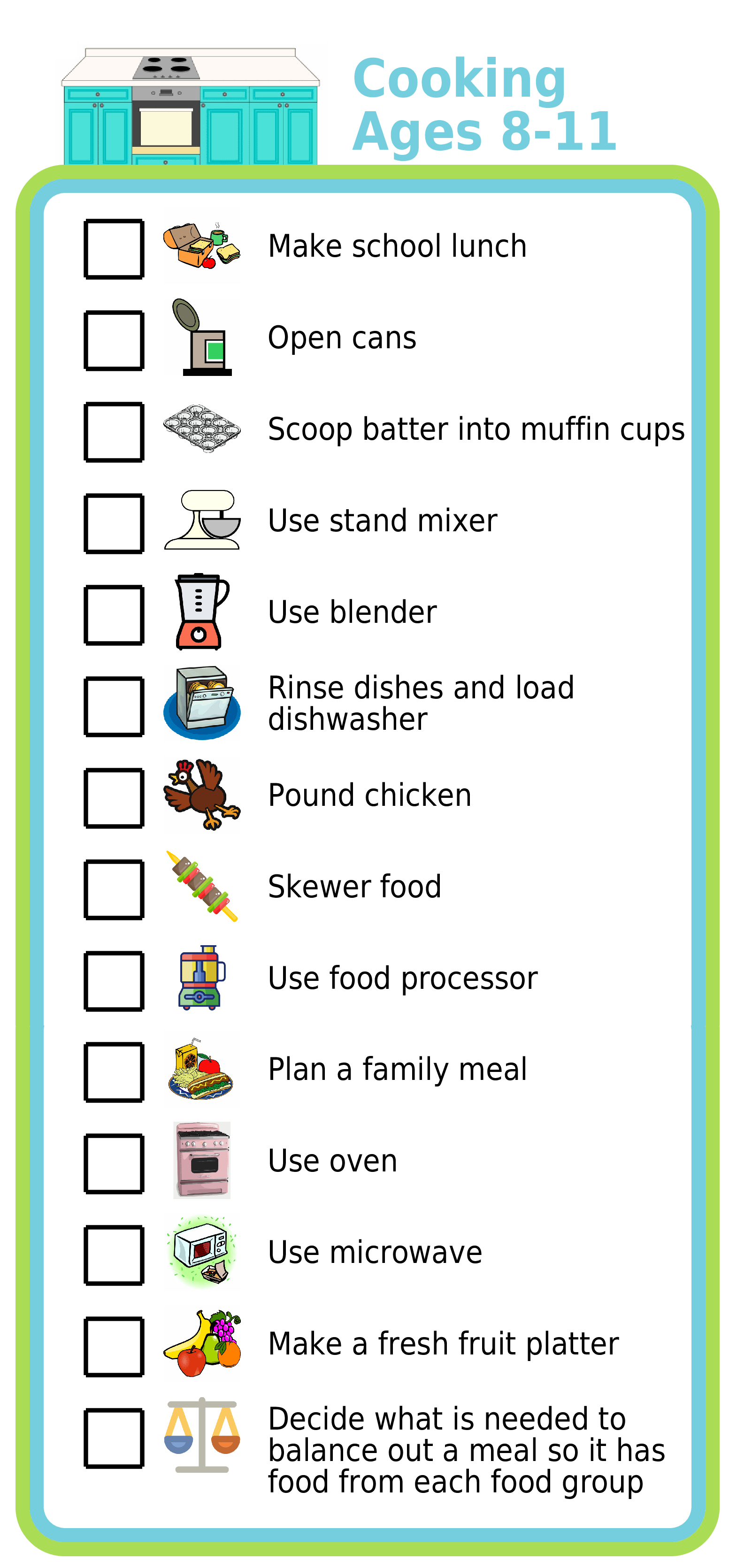 Make any picture checklist then print, laminate, magnetize, or use it on a mobile device.