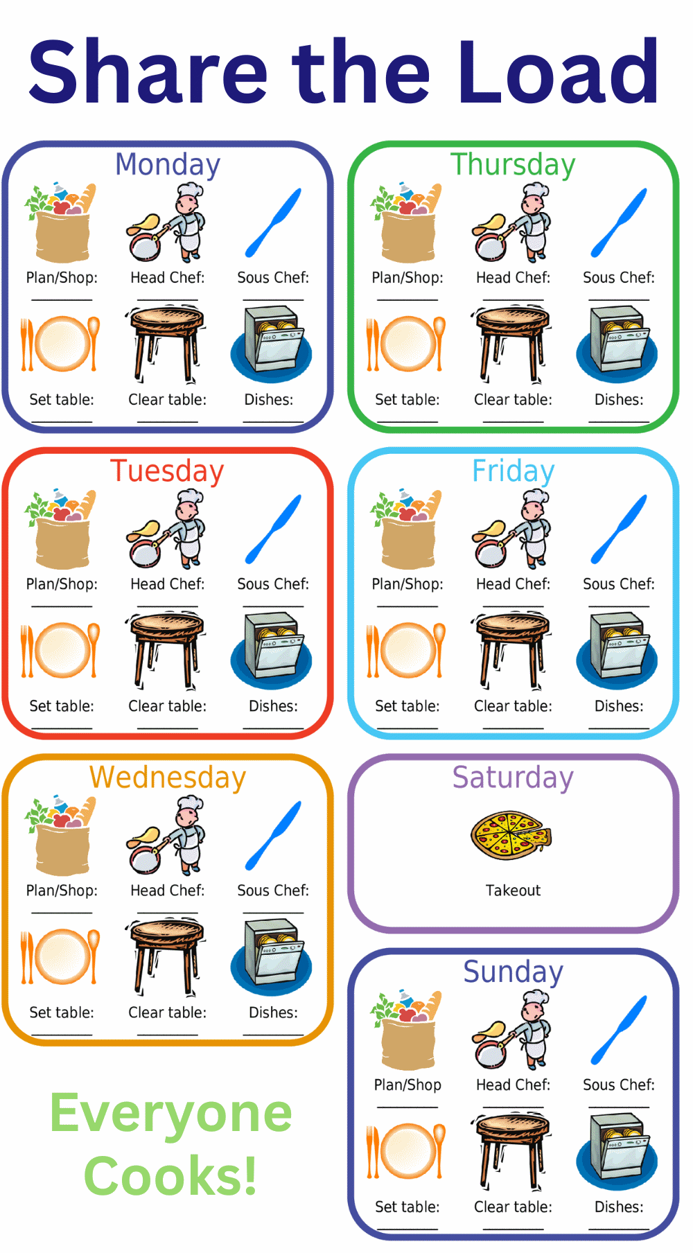 Worksheet for families - blank spots for who cooks, helps, sets table, and cleans up each night of the week