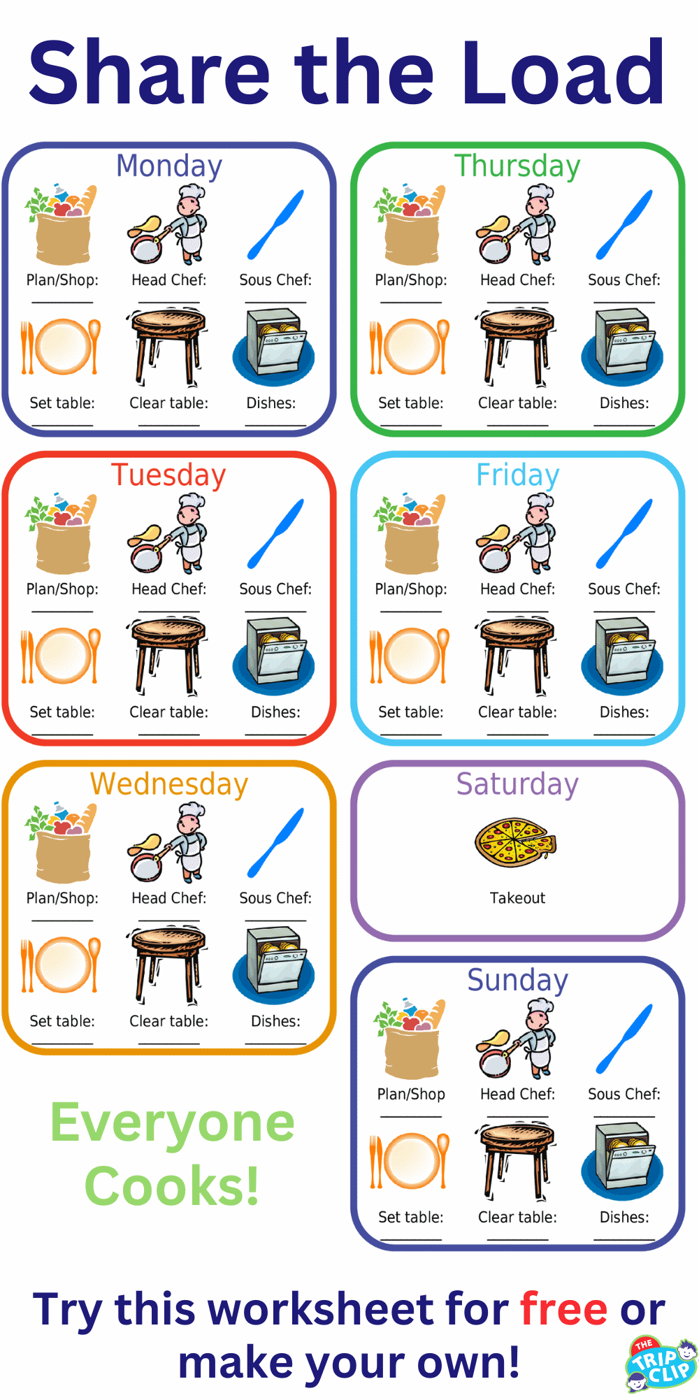 Worksheet for families - blank spots for who cooks, helps, sets table, and cleans up each night of the week