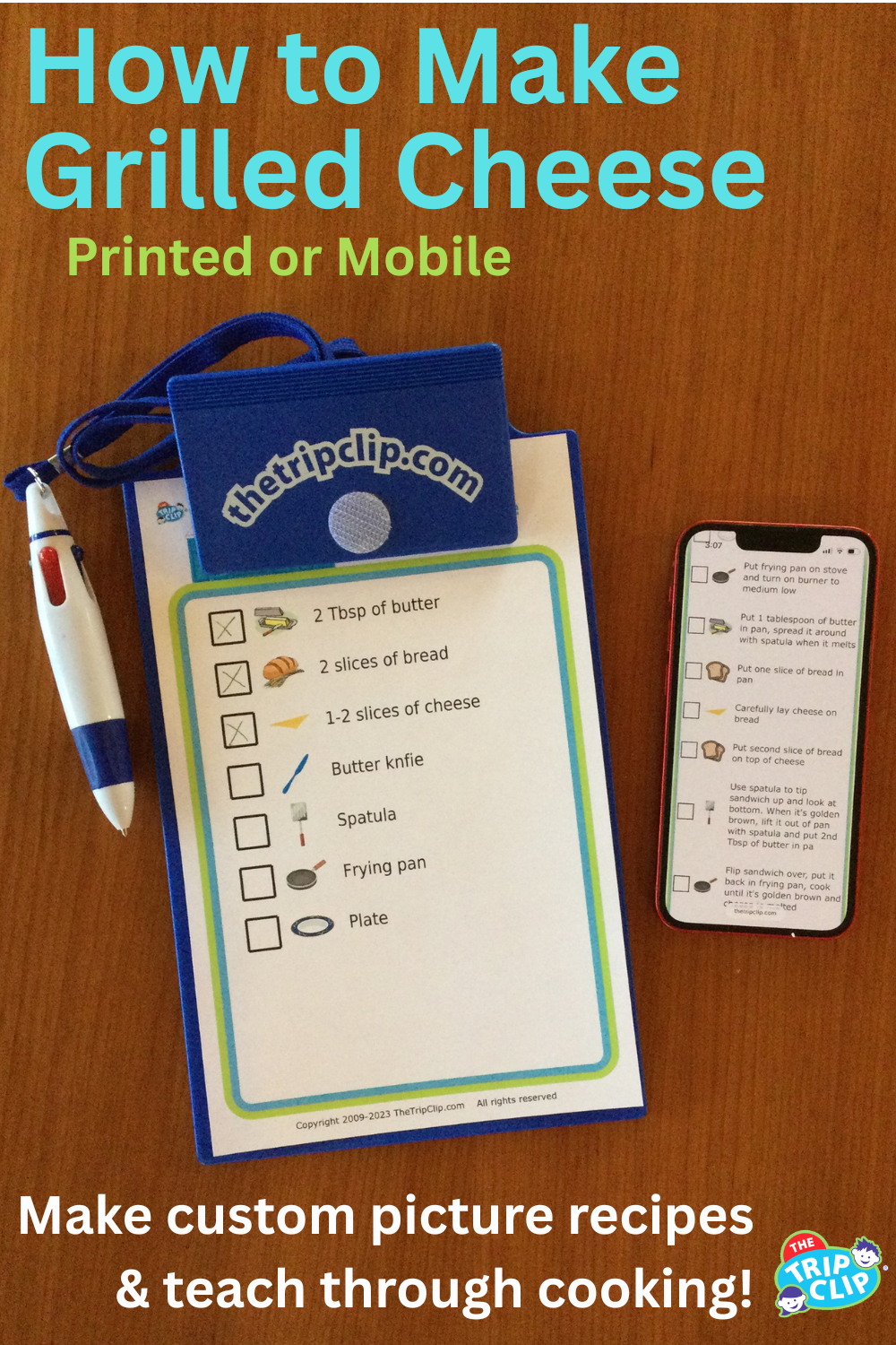 Picture checklist showing recipe for making a grilled cheese sandwich, shown on clipboard and iPhone