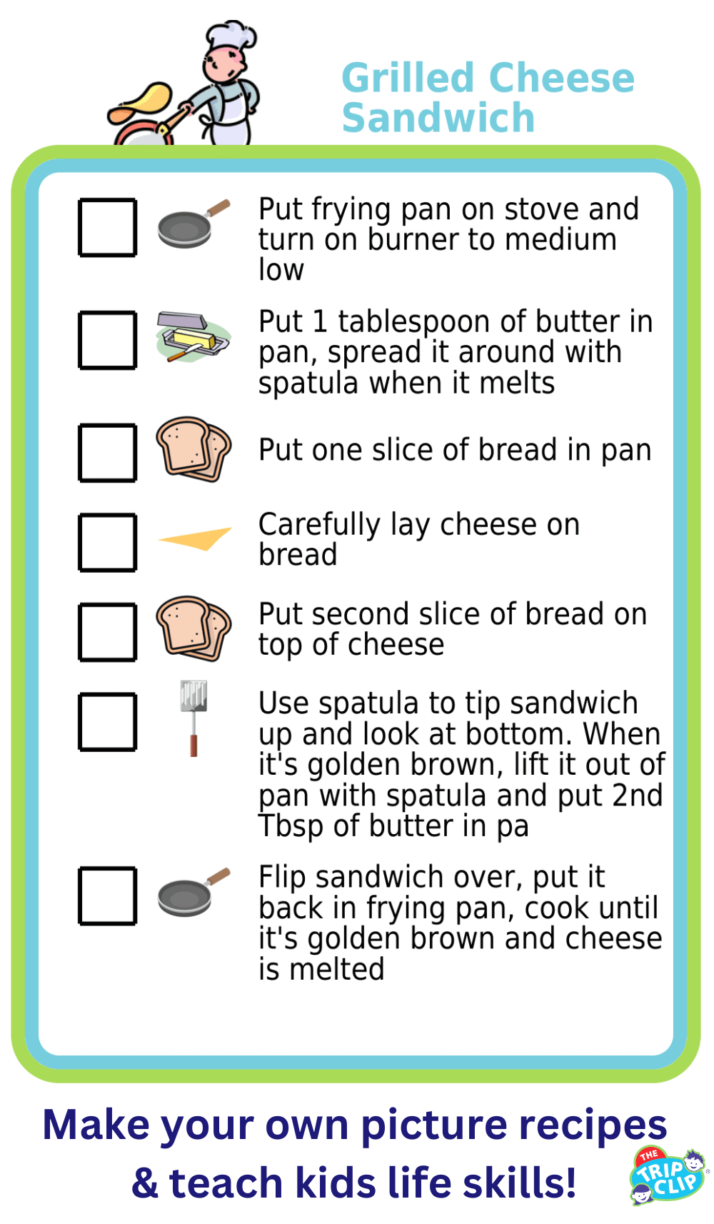 Picture checklist showing recipe for making a grilled cheese sandwich