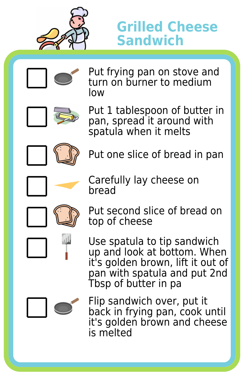 Picture checklist showing recipe for making a grilled cheese sandwich