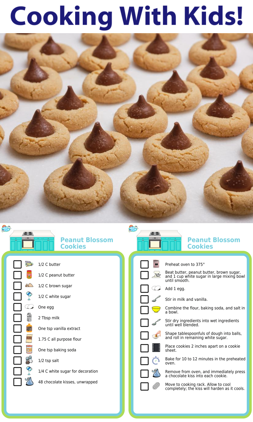 Picture checklist showing recipe for baking peanut blossoms cookies