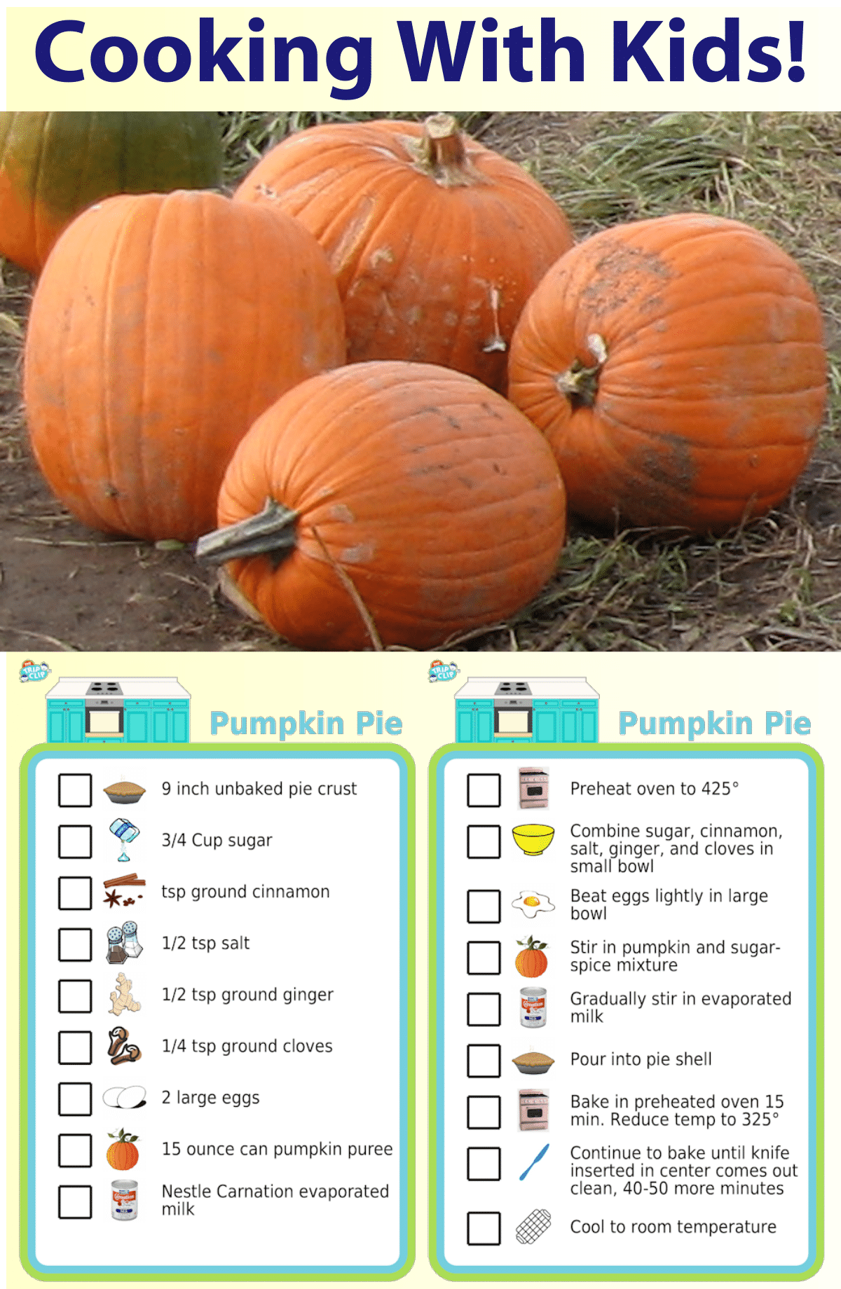 Picture checklist showing recipe for making a pumpkin pie