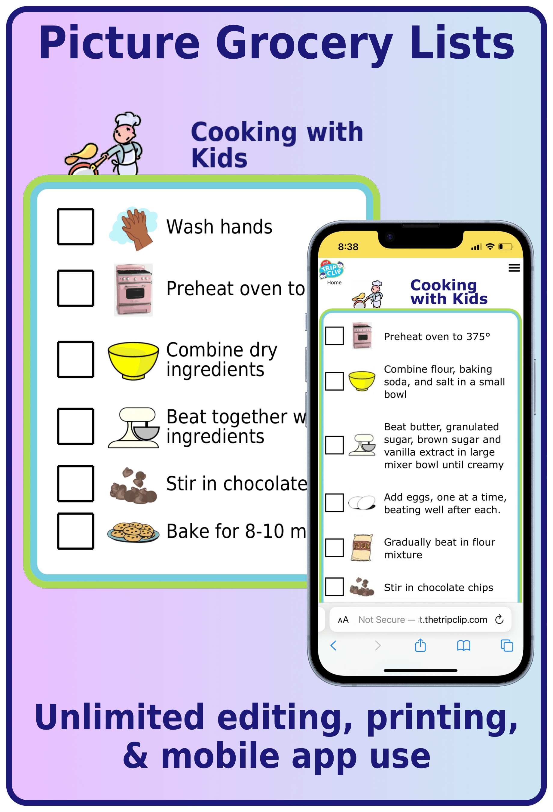 Picture checklist with cooking activities for kids