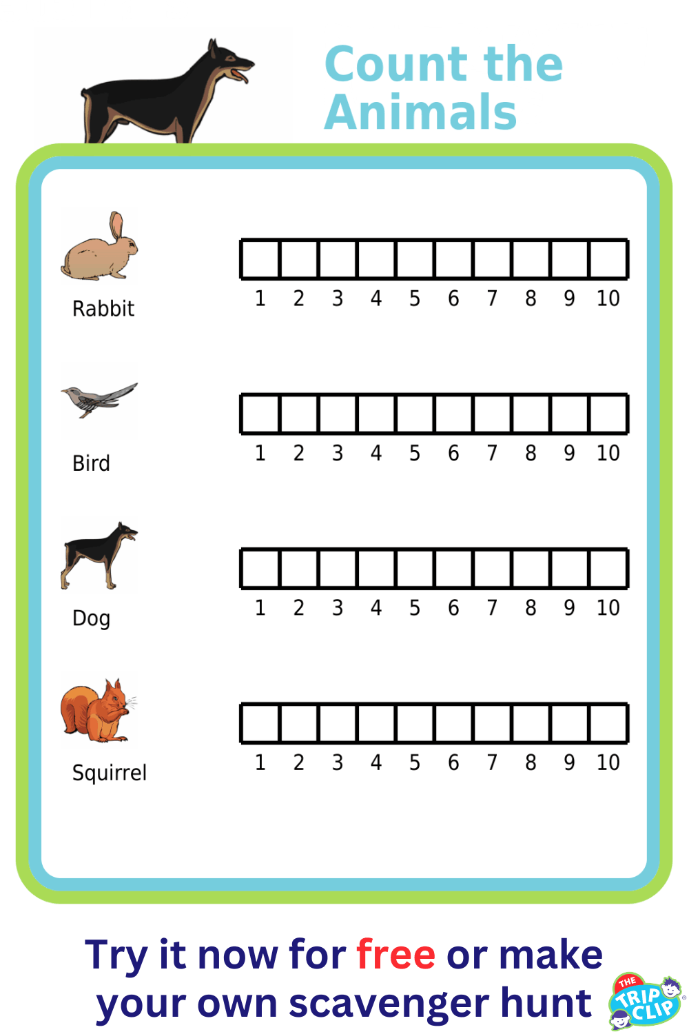 Chart for counting rabbits, birds, dogs, and squirrels while on a neighborhood walk