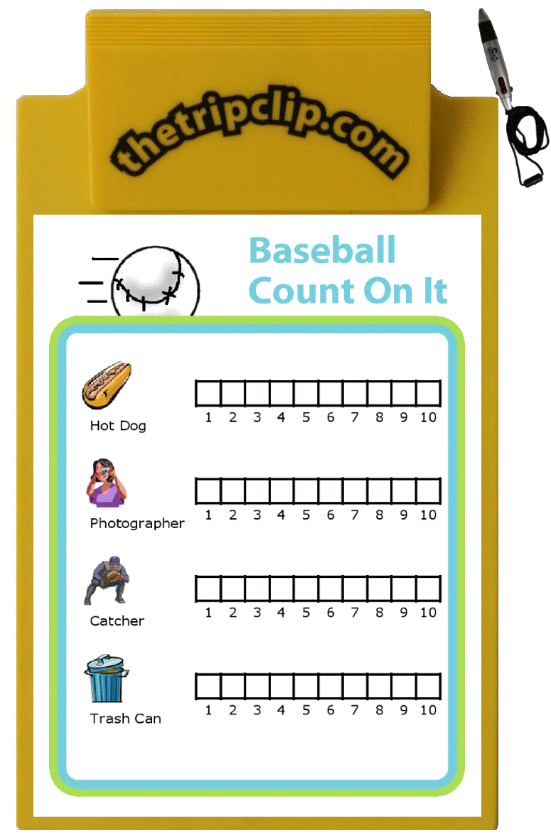 Chart for counting hot dogs, photographers, catchers, and trash cans at a baseball game