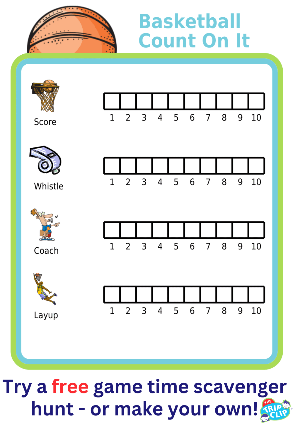 Chart for counting baskets, whistles, coaches and layups at a basketball game