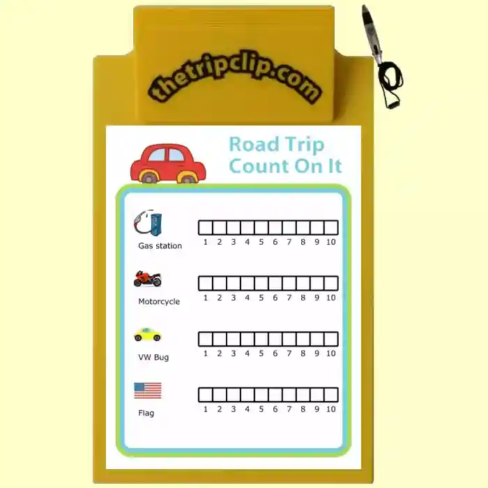 Printable countonit activity on a kid-sized clipboard with attached pen