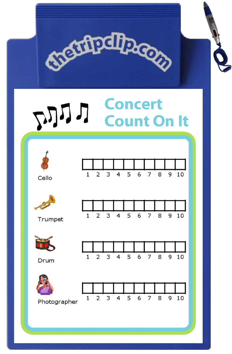Chart for counting cellos, trumpets, drums, and photgraphers at a music concert