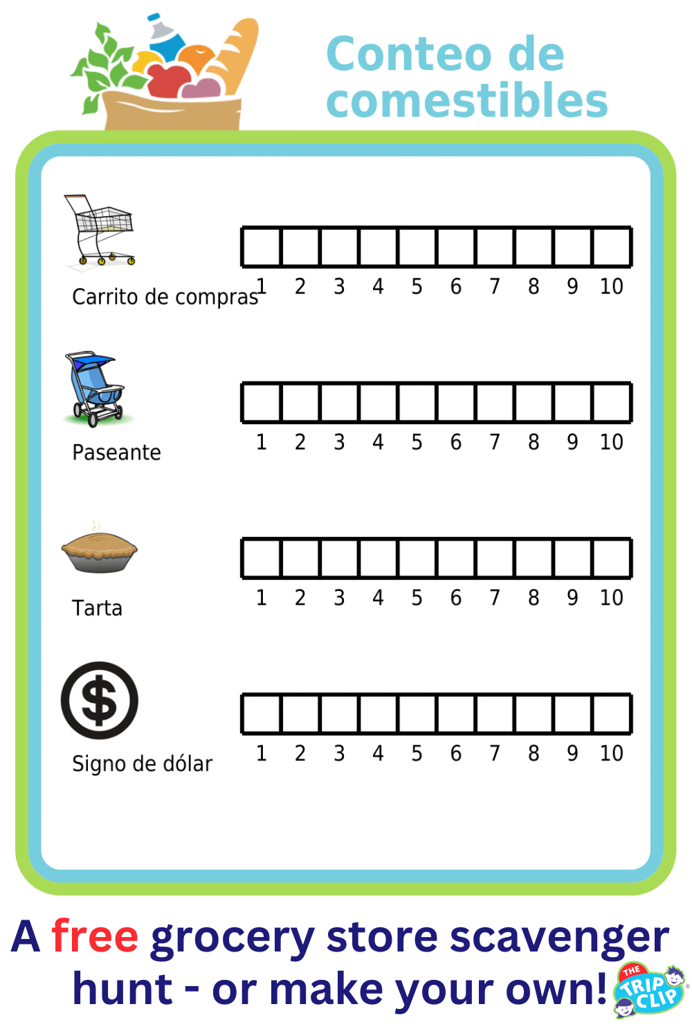 Chart for counting grocery carts, strollers, pies, and dollar signs at the grocery store