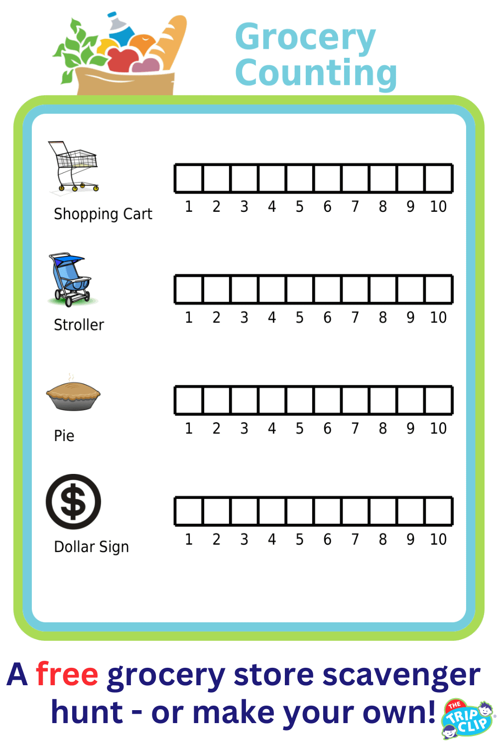 Chart for counting grocery carts, strollers, pies, and dollar signs at the grocery store