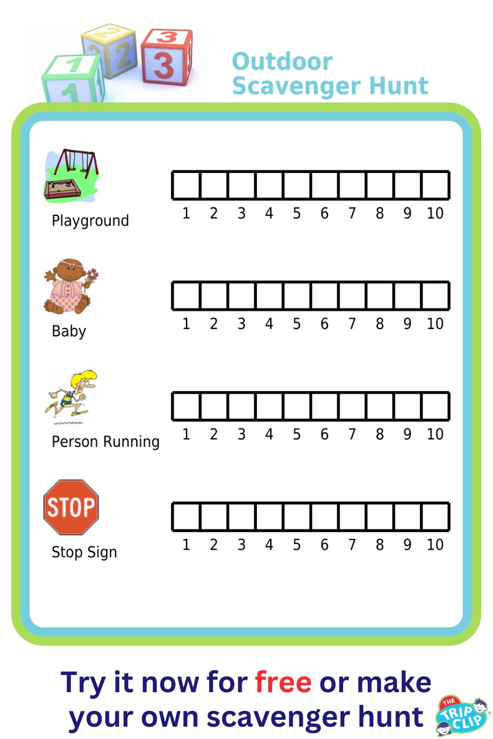 Chart for counting playgrounds, babies, people running, and stop signs while on a neighborhood walk