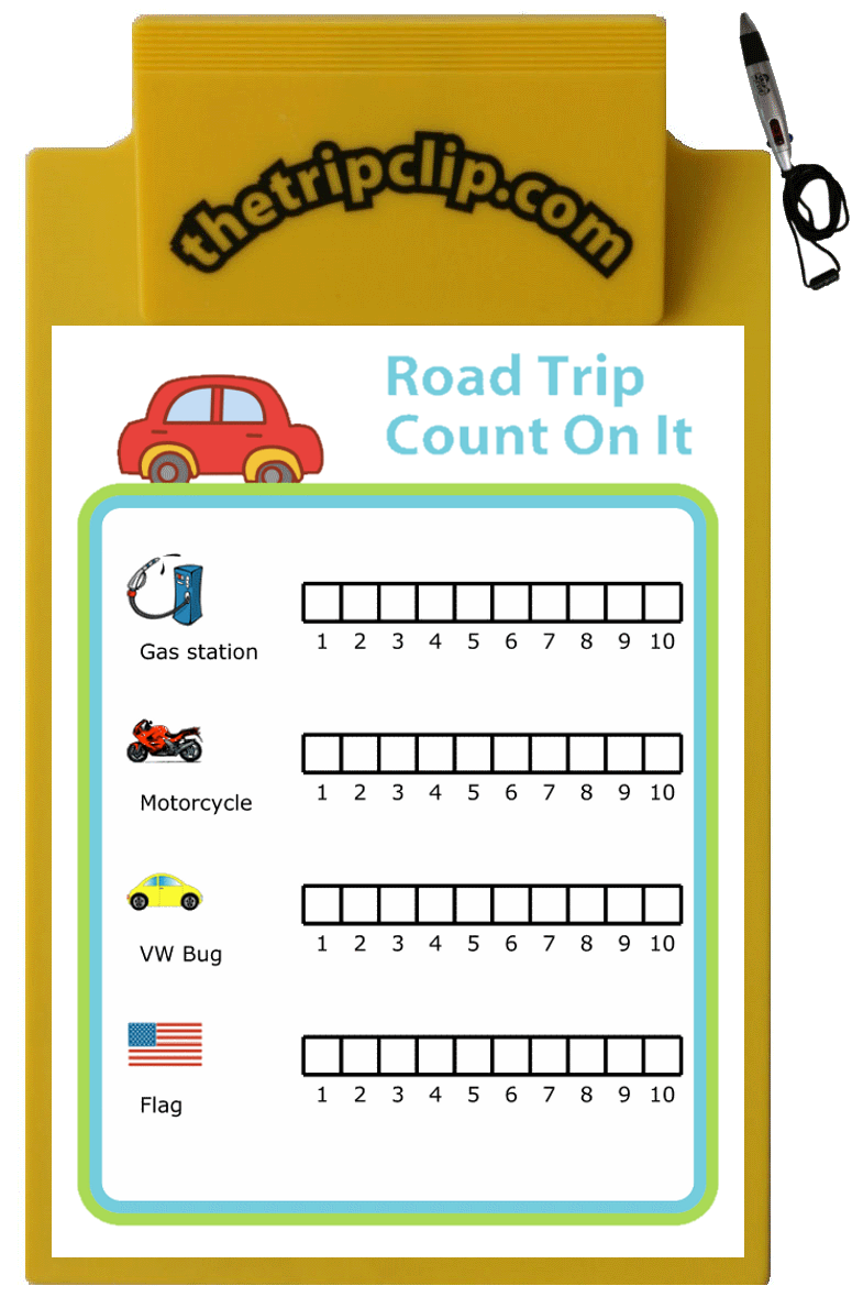 Chart for counting gas stations, motorcycles, VW bugs, and flags on a road trip