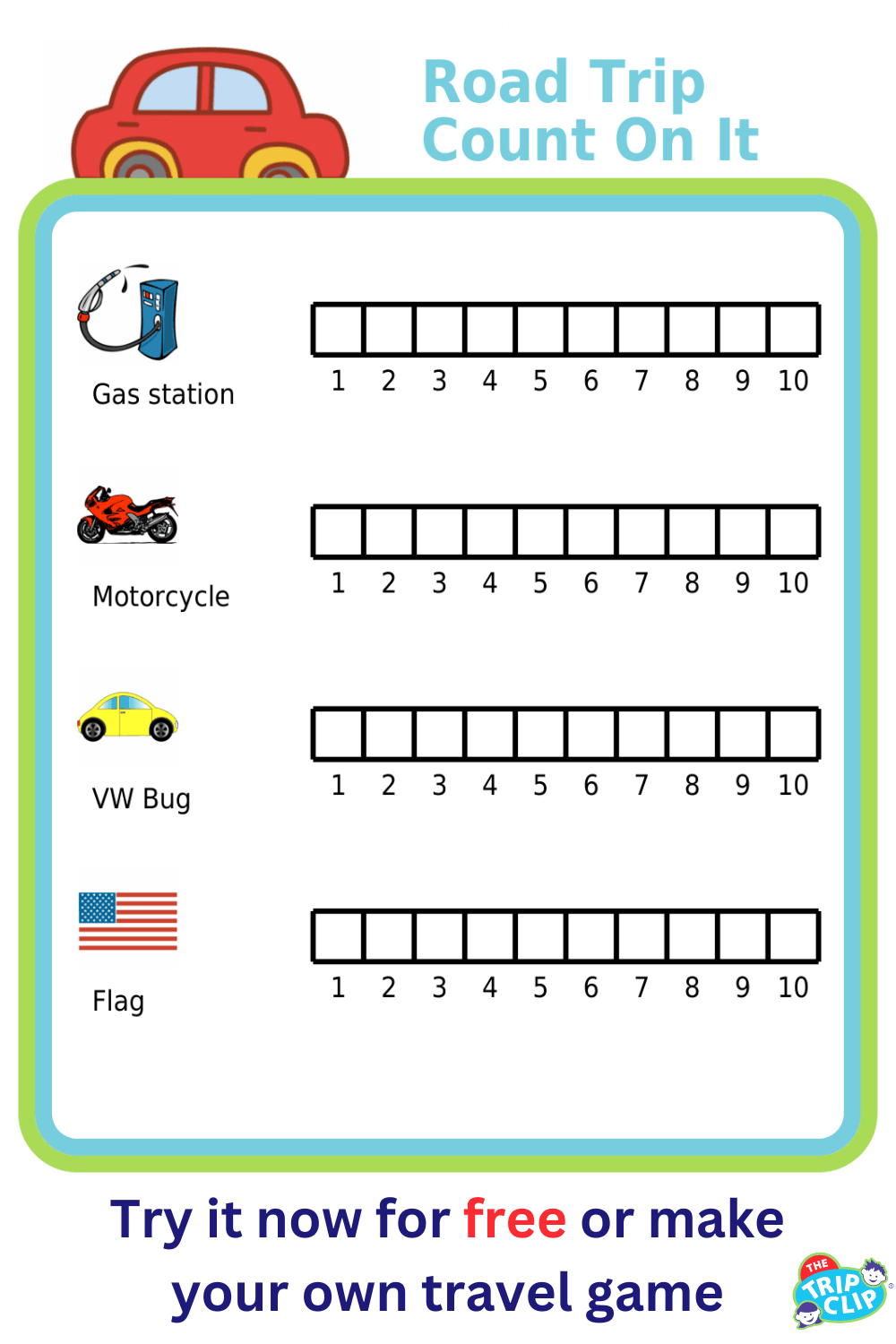 Chart for counting gas stations, motorcycles, VW bugs, and flags on a road trip
