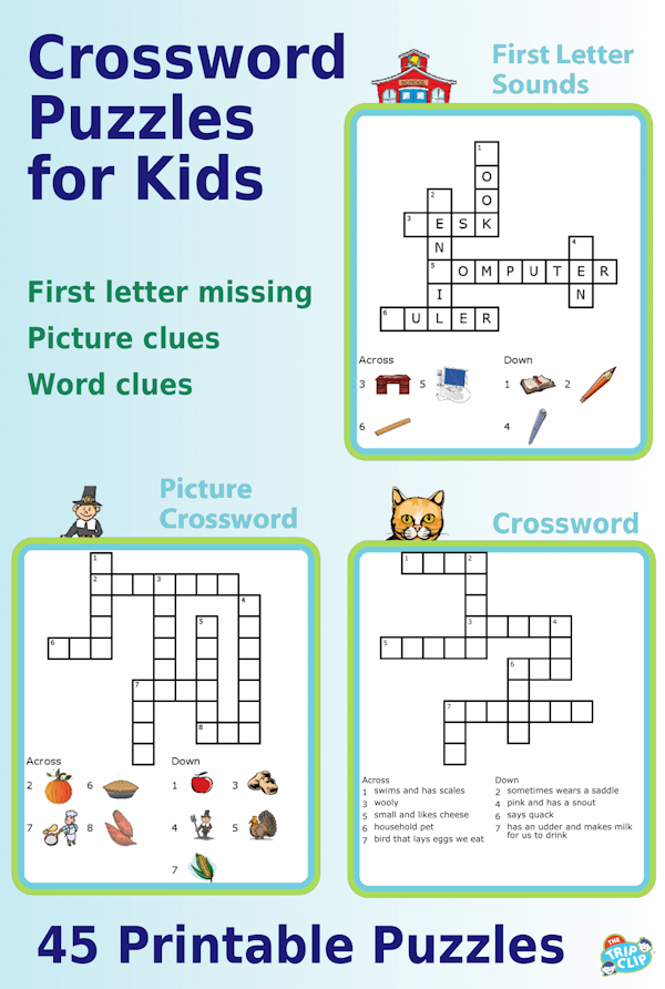 3 crossword puzzles: one with just the first letter missing, one with picture clues, one with word clues