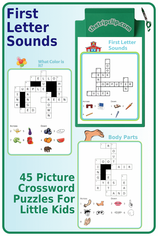 3 crossword puzzles with picture clues and only the first letter is missing