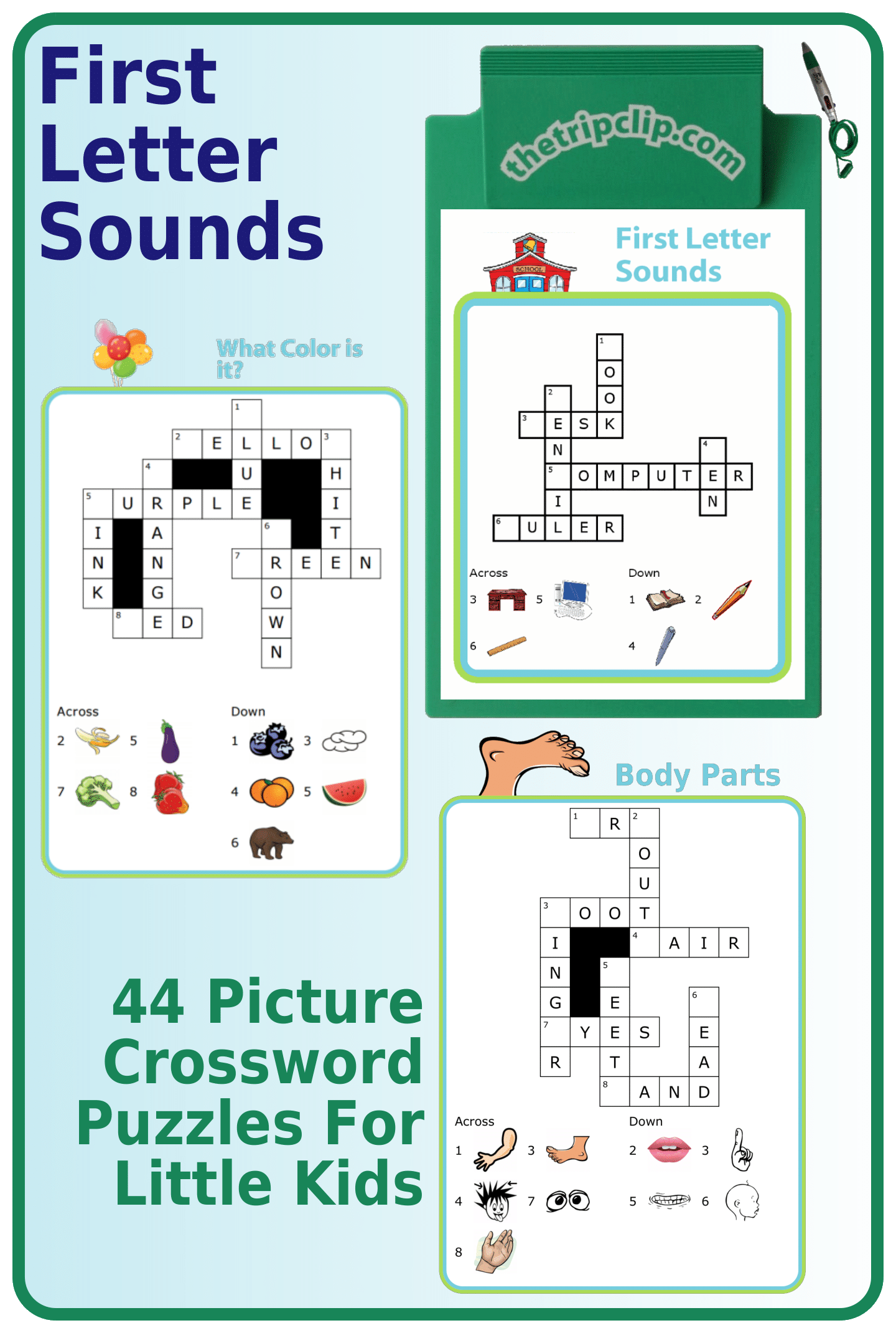 3 crossword puzzles with picture clues and only the first letter is missing