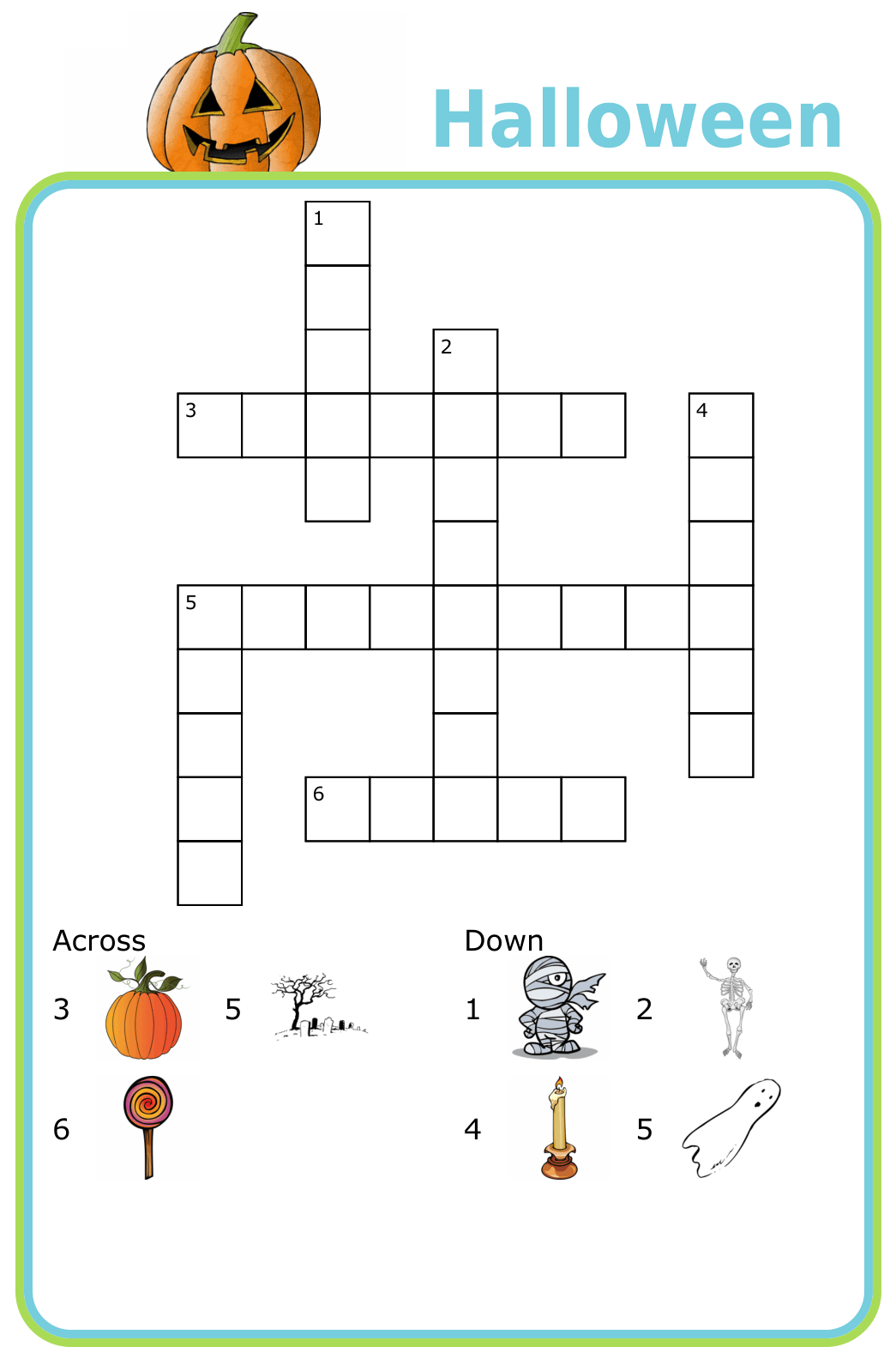 Halloween crossword puzzle with picture clues for kids