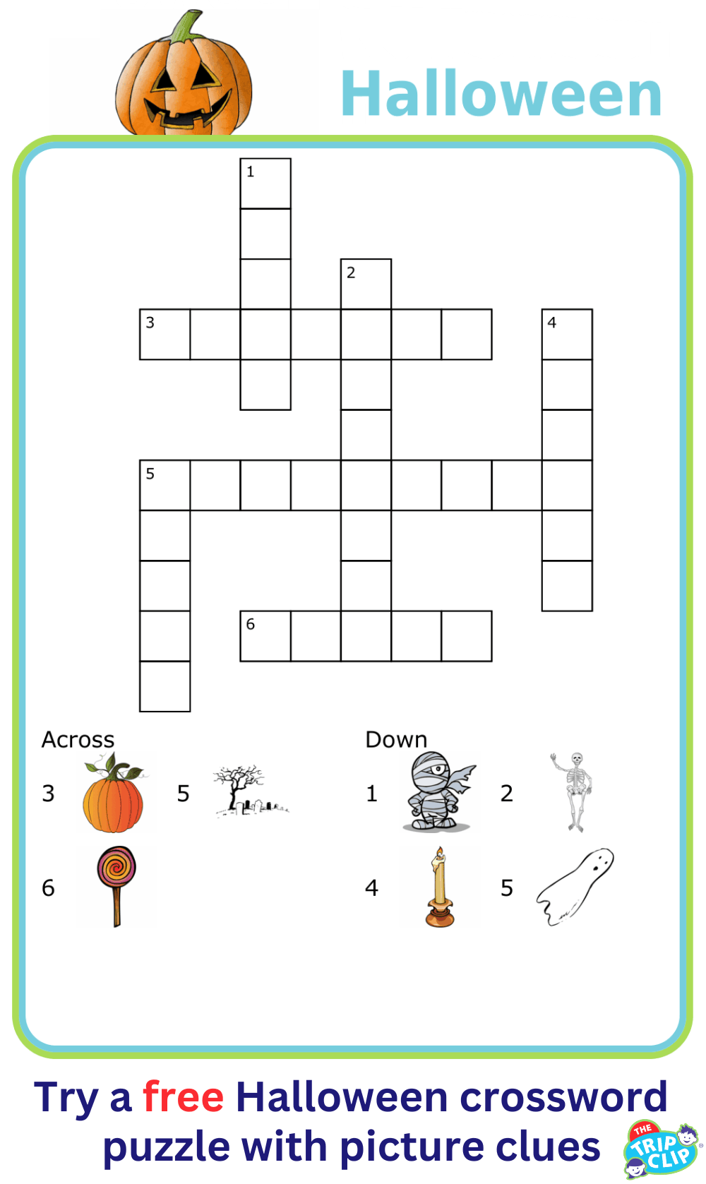 Halloween crossword puzzle with picture clues for kids