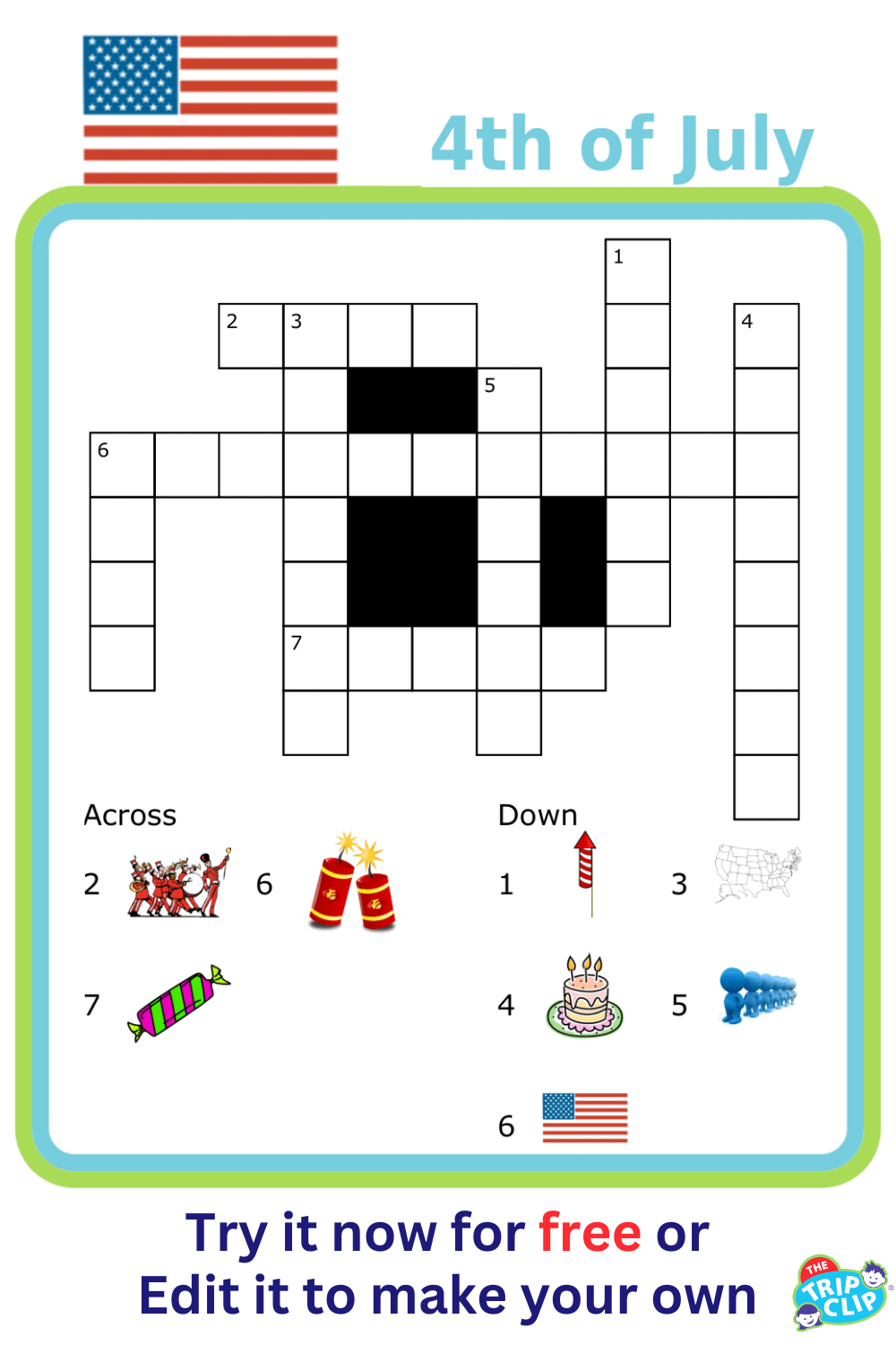 July 4th crossword puzzle with picture clues for kids