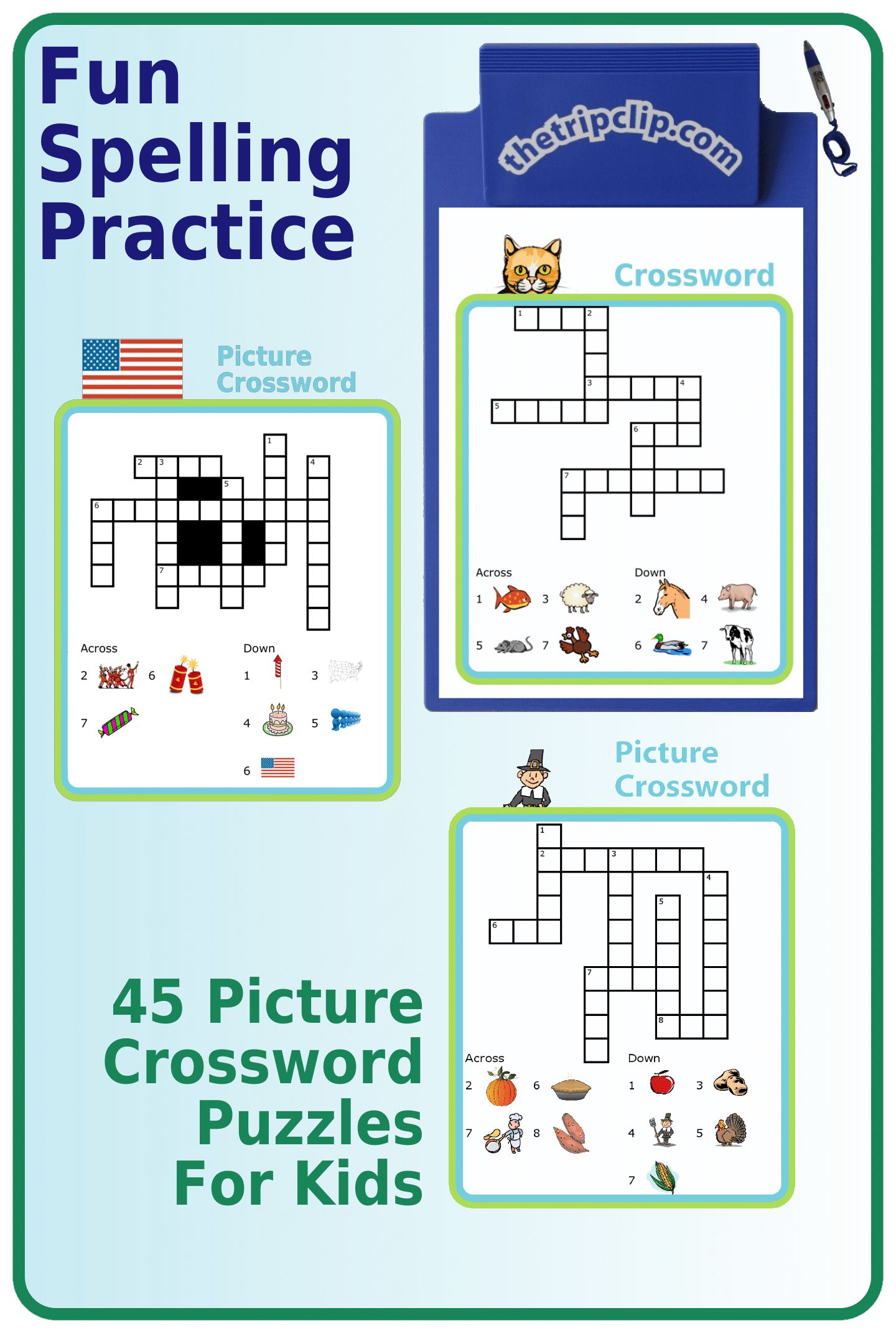 3 crossword puzzles with picture clues and only the first letter is missing