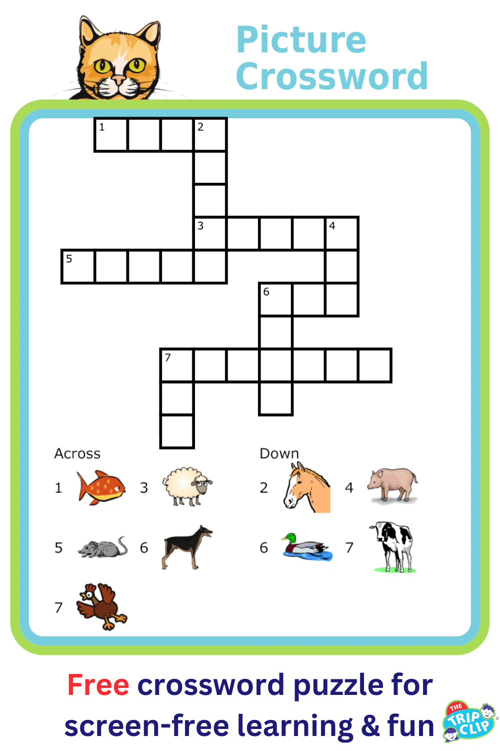 Crossword puzzle with animal picture clues for kids