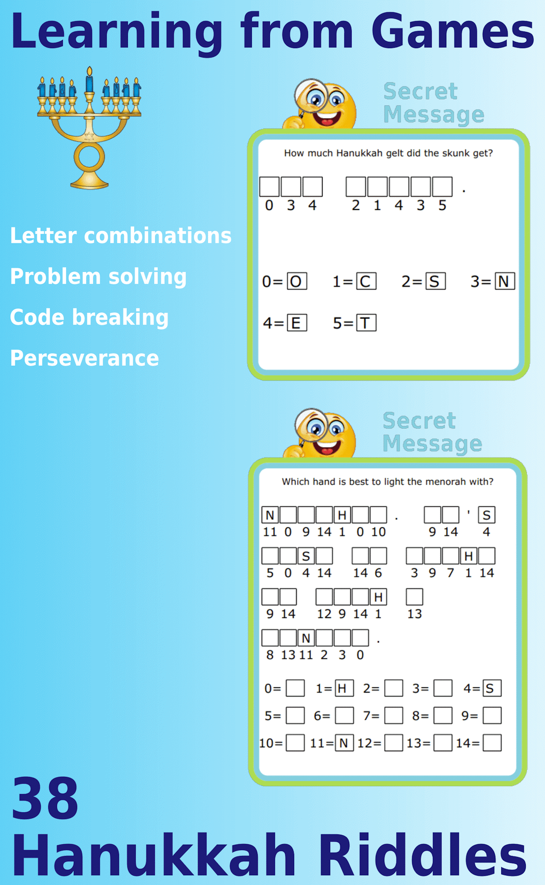 Secret message puzzles: 38 Hanukkah-Themed Cryptogram Riddles