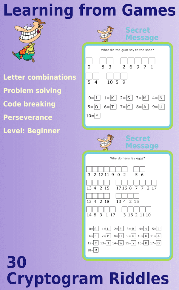 Secret message puzzles: 30 Cryptogram Riddles, Level beginner