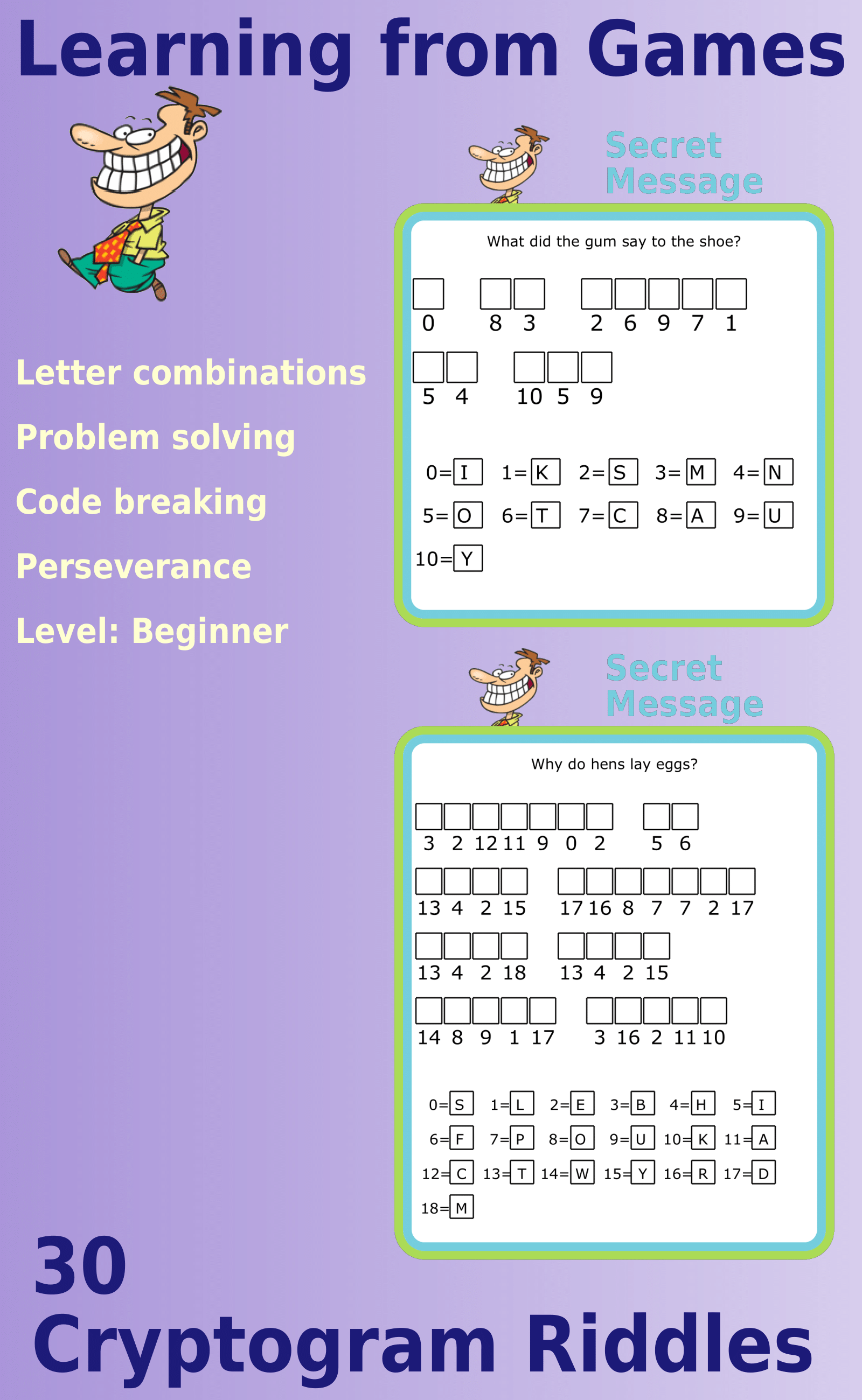 Secret message puzzles: 30 Cryptogram Riddles, Level beginner