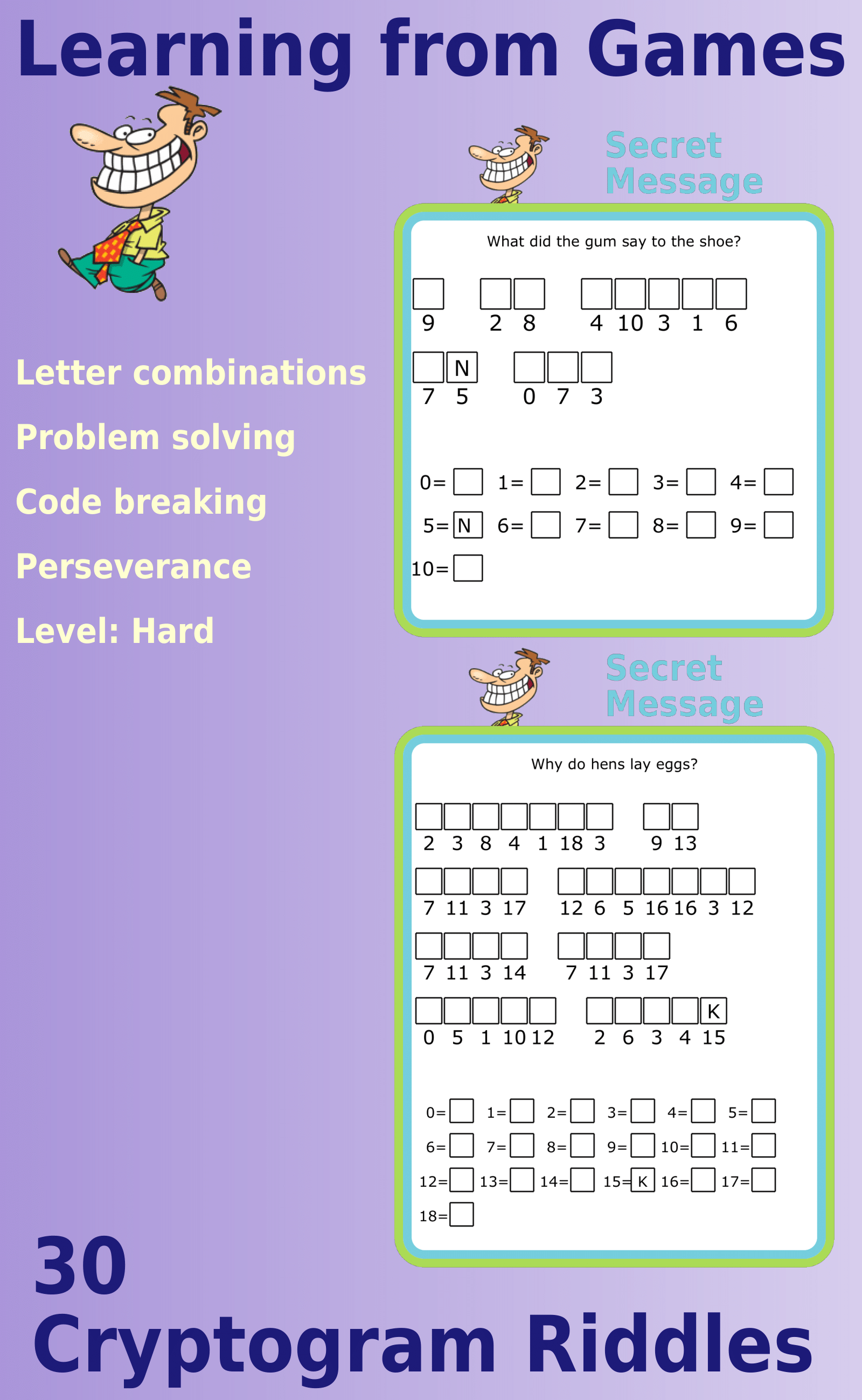 Secret message puzzles: 30 Cryptogram Riddles, Level hard