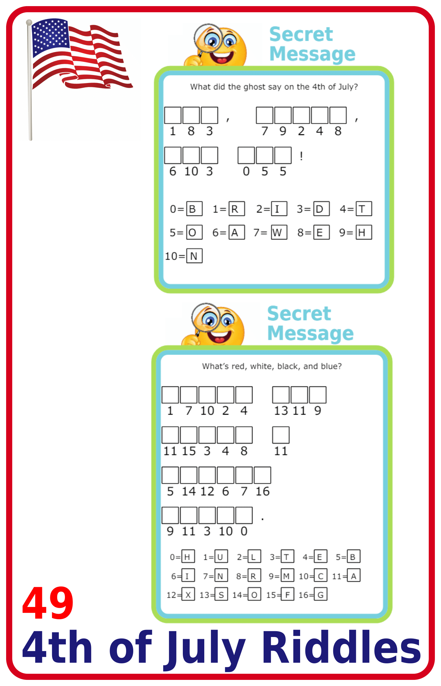 Secret message puzzles: 49 4th of July-Themed Cryptogram Riddles