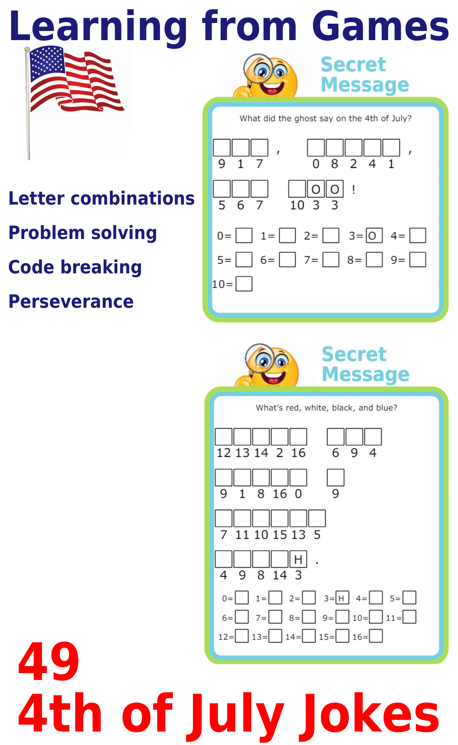 Secret message puzzles: 49 4th of July-Themed Cryptogram Riddles