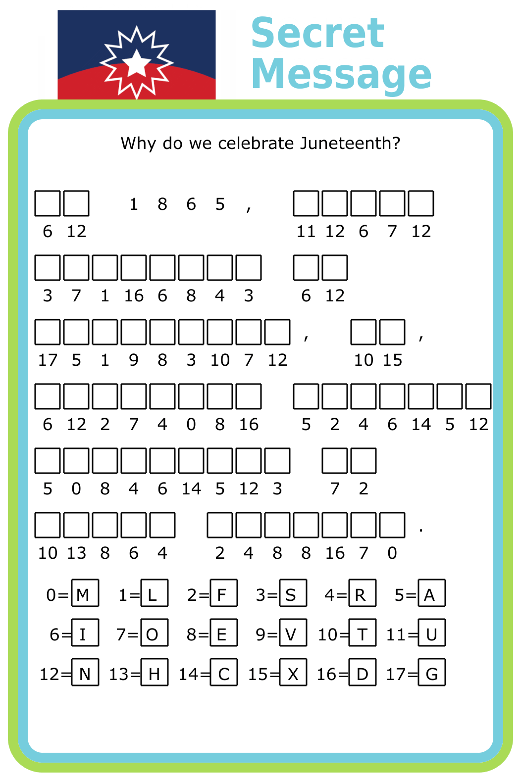 Secret message puzzle with a clue ‘Why do we celebrate Juneteenth’