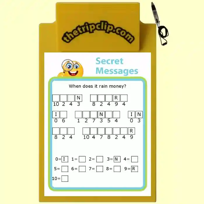 Printable cryptograms activity on a kid-sized clipboard with attached pen